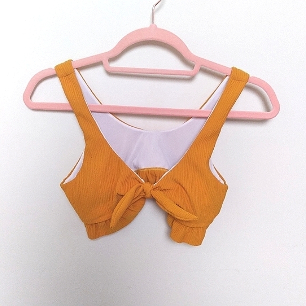 Shein Mustard Yellow Ribbed Bow Detail Bikini Top Size Small